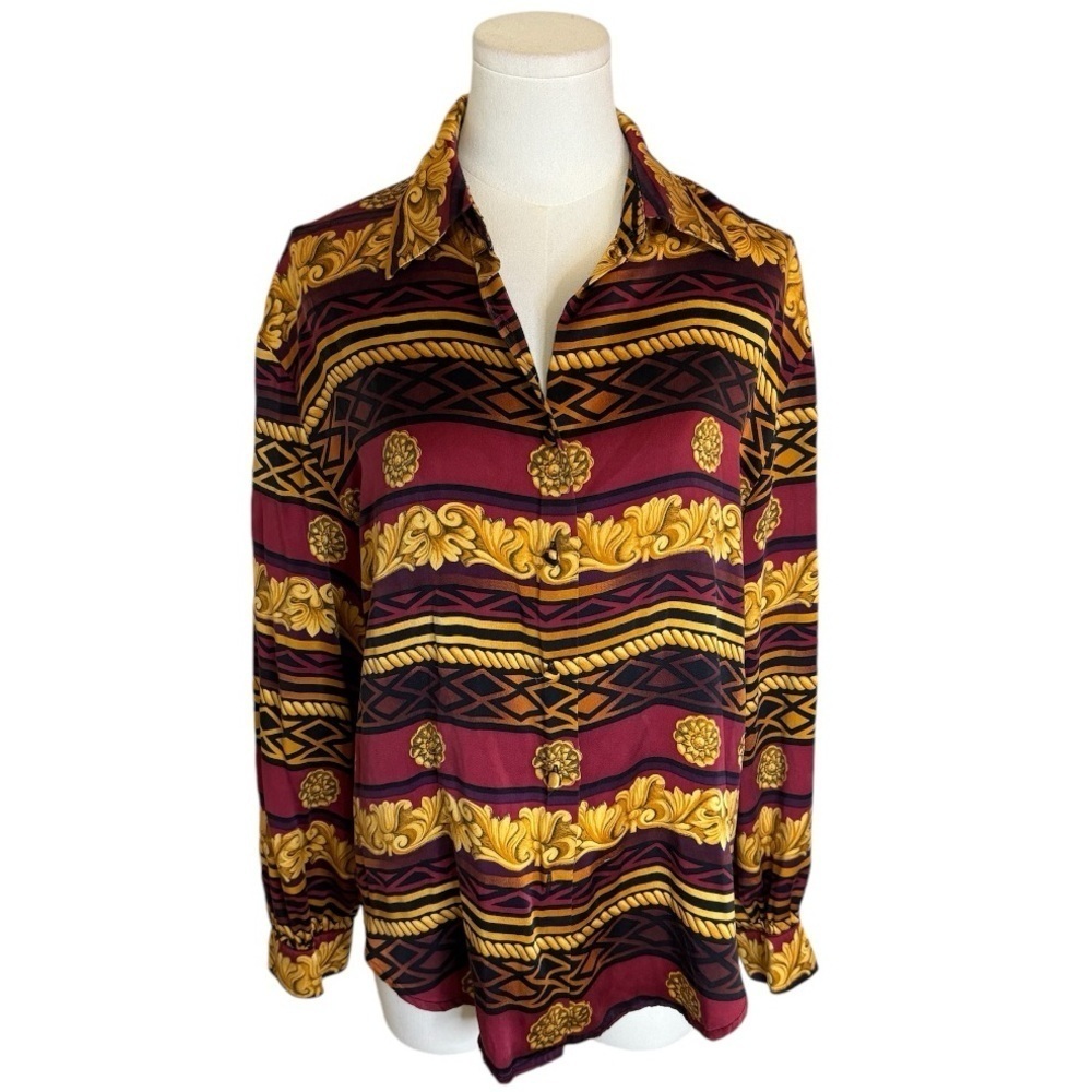 COREY B. New York Silk Button Down Top Shirt Size 6 Wild Barocco Print Work VTG